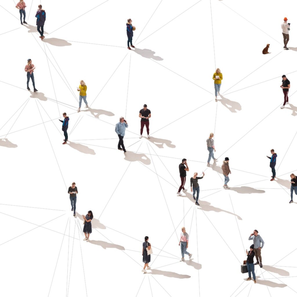 Aerial view of crowd people connected by lines, social media and communication concept. Top view of men and women isolated on white background with shadows. Staying online, internet, technologies.